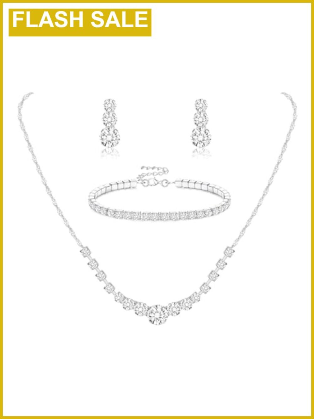 Silver Plated Crystal Jewelry Set Necklace Earrings Bracelet Wedding